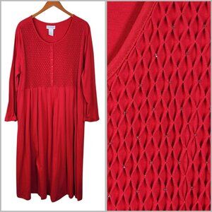 The Paragon Cotton Pintuck Pleated Button-Up Dress Plus Size 2X Red Casual Long
